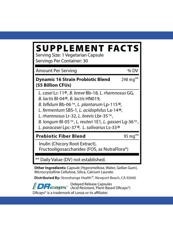 Stonehenge Health Dynamic Biotics Probiotic – 55 Billion CFU, 16 Strains with Prebiotic for Digestive & Gut Health Support