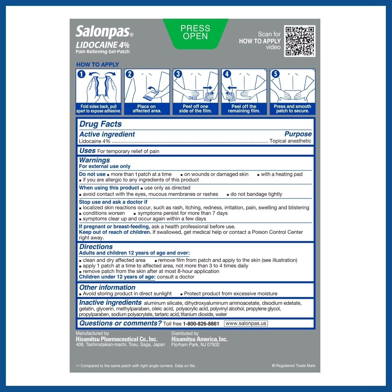 Salonpas Lidocaine Gel Patch – Fast Acting Pain Relief for Muscle & Joint Pain, 15 ct