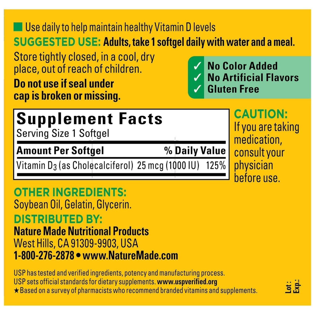 Nature Made Vitamin D3 1000 IU Softgels – Bone & Immune Support | 650 Count